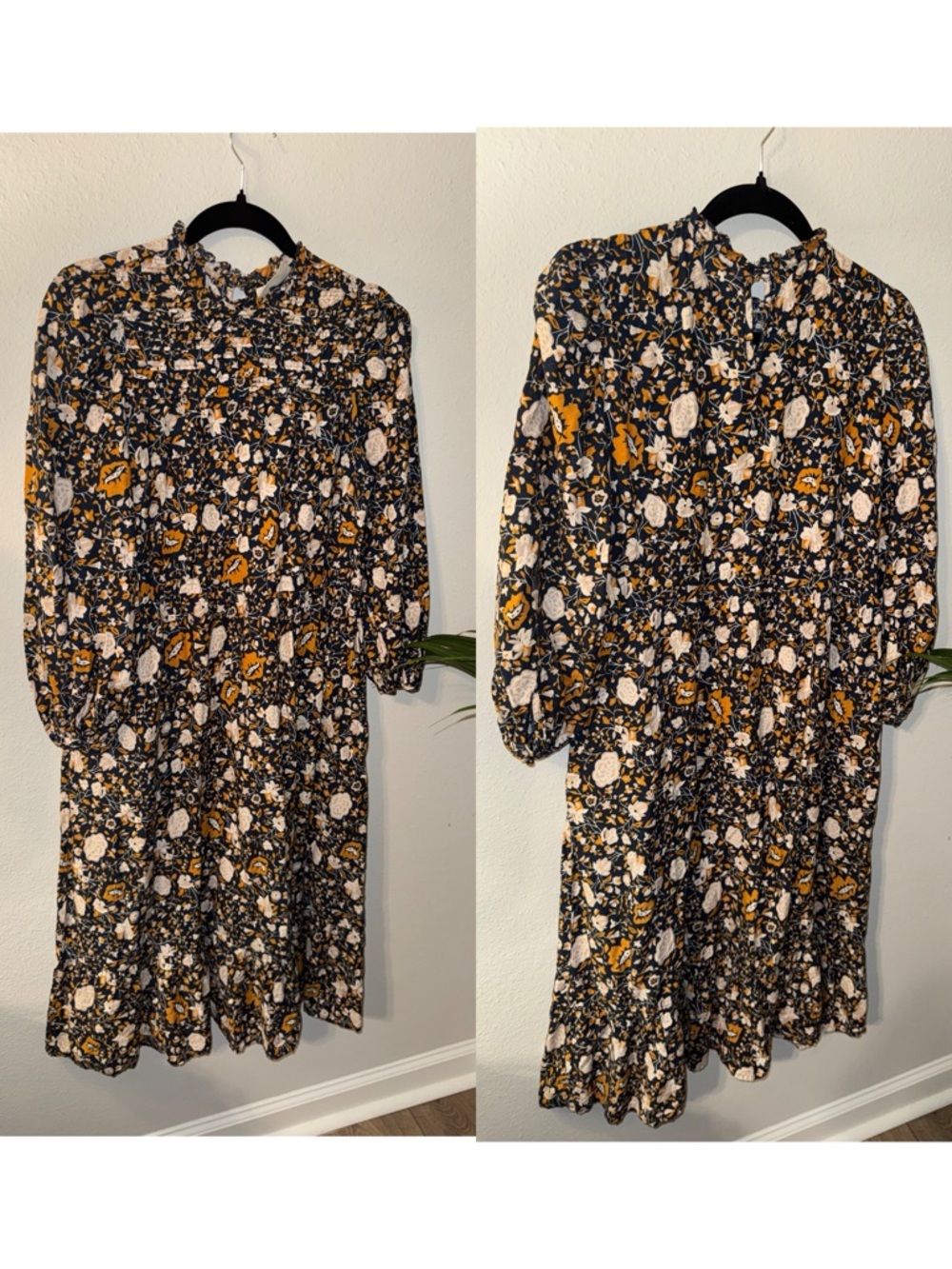 Universal Thread Black Floral Midi Dress with Mustard and Cream Blooms